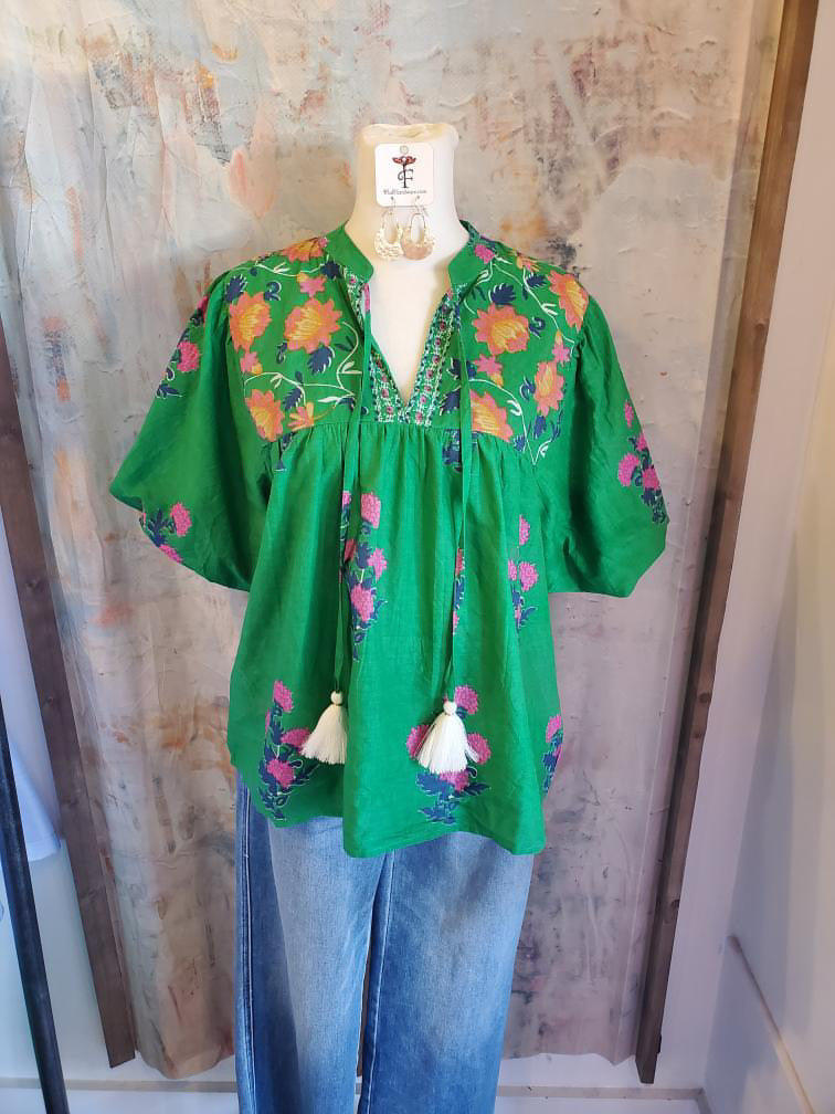 Puff Sleeve Tassel Tie Flower Top