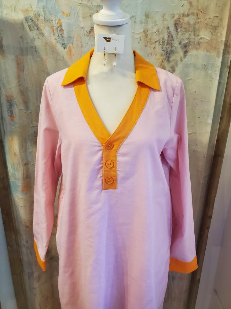 Color Contrast Button Down Linen Dress with Pockets