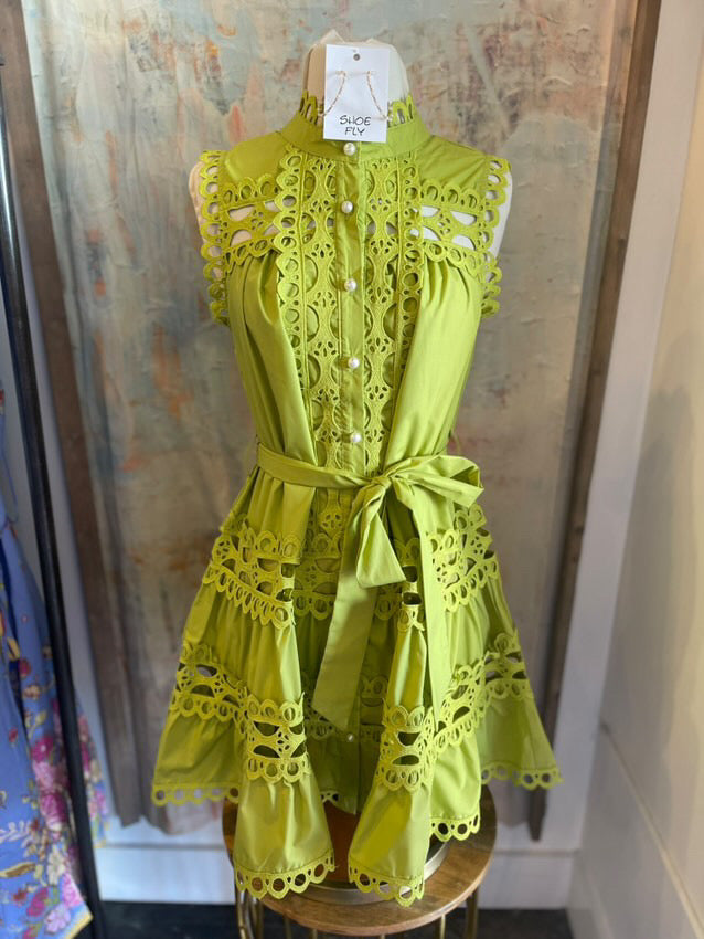 Tie Waist Eyelet Detail Button Dress
