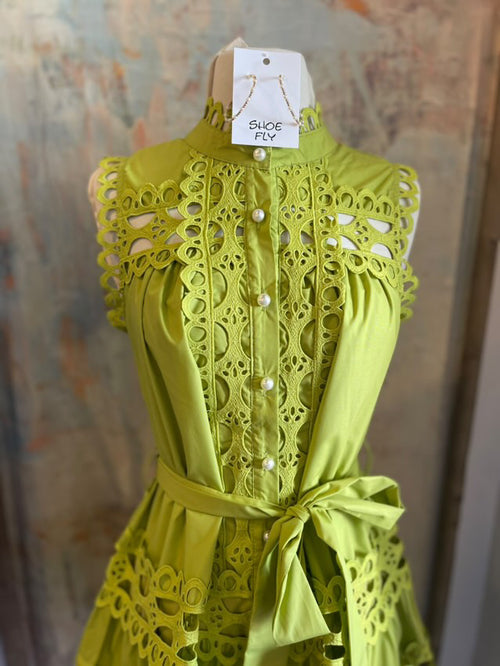 Tie Waist Eyelet Detail Button Dress